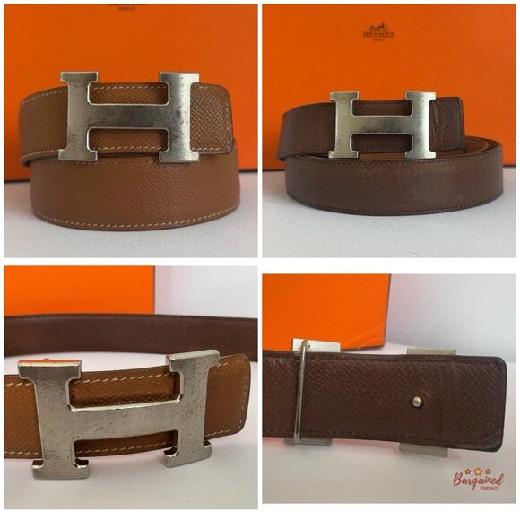 Authentic HERMES Brown Leather H Silver Reversible Buckle Belt B 100 main image 8